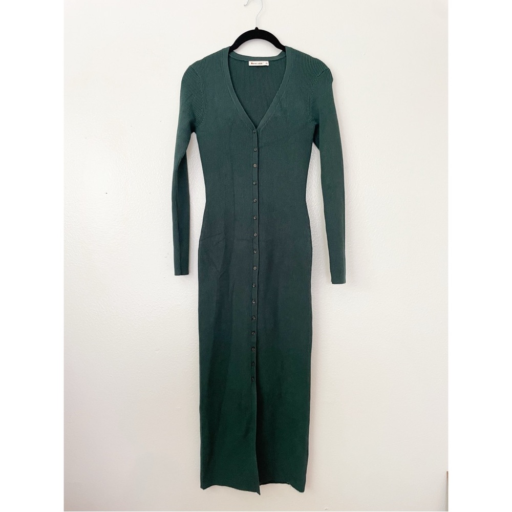 Marine Layer Brea Ribbed V‑Neck Button‑Front Midi Dress in Ponderosa Pine Green